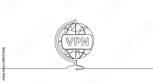 Continuous line drawing of a globe featuring "VPN" text, symbolizing global internet security and privacy with a minimalist, modern aesthetic