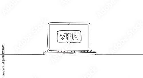 Minimalist continuous line drawing laptop displays a VPN acronym in a speech bubble on its screen, illustrating secure internet connection in a modern, simple style