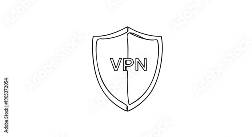 Simple hand-drawn style shield icon with the letters "VPN" inside, presented as a clear black outline illustration, conveying concepts of digital security and privacy