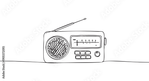 Simple hand-drawn black and white radio with an extended antenna and visible tuning dial, speaker grille, and control buttons, depicted in a continuous line art style
