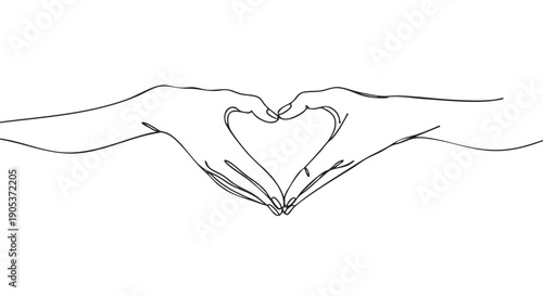 Two hands forming a heart shape are depicted in a minimalist continuous line art style, symbolizing love, care, and connection with elegant simplicity