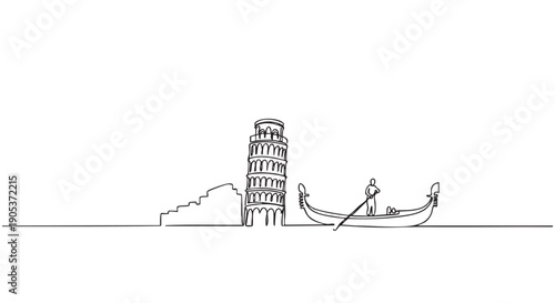 Minimalist continuous line drawing features the iconic Leaning Tower and a gondola with a gondolier, capturing the essence of Italian travel in a simple, elegant artistic style