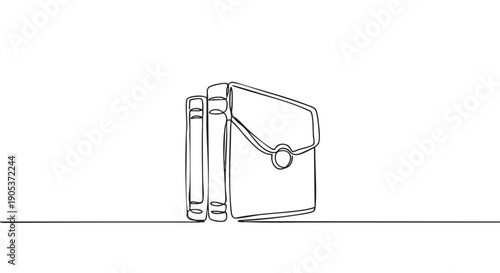 Minimalist continuous line drawing of two books and a briefcase, showcasing a simple yet elegant artistic style with clean black lines