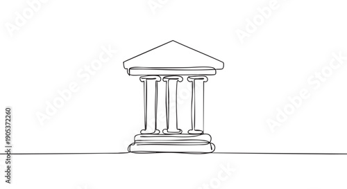 Minimalist continuous line drawing of a classical building facade with three columns and a triangular pediment, rendered in a clean, artistic illustration style