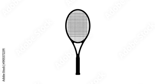 Simple Black Tennis Racquet Icon on White Background.