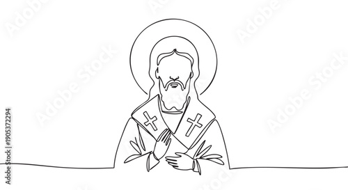 Continuous line drawing of a holy figure with a halo and crosses on his robes, hands clasped, rendered in a minimalist spiritual art style