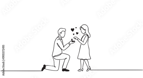 Romantic continuous line art illustration depicts a man proposing marriage to a woman, with small hearts floating between them, symbolizing love and commitment