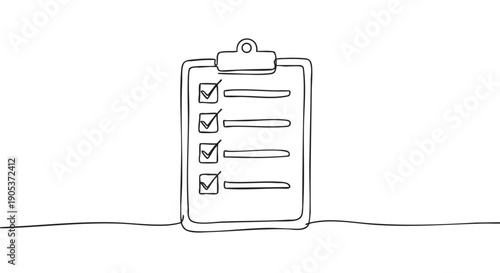 Minimalist continuous line drawing of a clipboard featuring a completed checklist with four checked items, conveying a sense of accomplishment and task completion in a clean, simple style