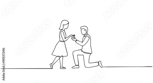 Continuous line drawing of a man on one knee proposing to a woman, offering a ring in a small box, depicted with a minimalist, romantic, and elegant single stroke art style