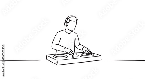 Minimalist line art illustration of a DJ wearing headphones and actively mixing music on a turntable, depicted with a continuous black stroke style