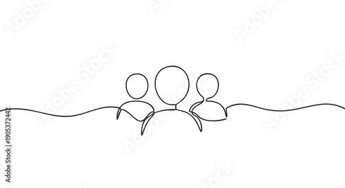 Three abstract continuous line drawing human figures are depicted in a minimalist style, representing a concept of teamwork, community, or social connection with a smooth, flowing artistic touch