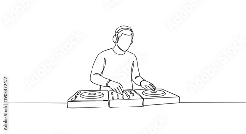 Continuous line art drawing of a DJ wearing headphones, skillfully mixing music on turntables and a sound mixer, rendered in a minimalist, modern style