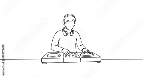 Minimalist continuous line art drawing of a DJ wearing headphones around their neck, actively mixing music on a turntable console with both hands, depicted in a clean, modern style