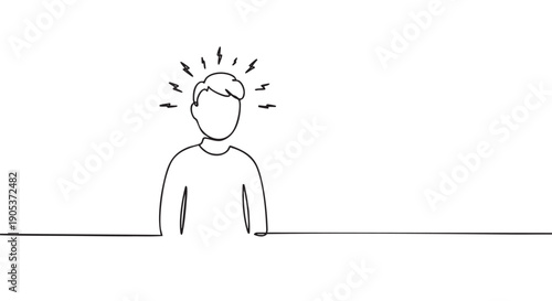 Continuous line drawing of a person's head and shoulders with radiating lightning bolts symbolizing stress or a new idea, rendered in a minimalist artistic style