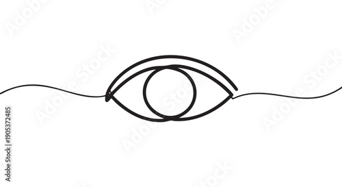Minimalist continuous line drawing of an eye with a circular iris, featuring a sleek, modern aesthetic and elegant wavy lines extending horizontally from each side