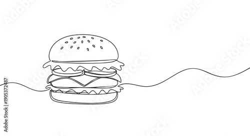 Minimalist continuous line drawing of a delicious hamburger with sesame seeds, lettuce, cheese, and a patty, rendered in a clean, artistic style