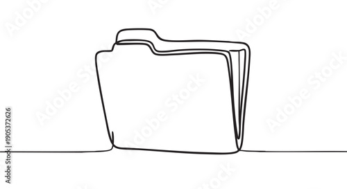 Minimalist continuous line drawing of a file folder, rendered with a single flowing black stroke, conveying simplicity and organization in an artistic, modern style