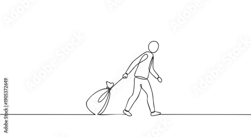 Continuous line art drawing of a person walking forward, pulling a large, tied sack behind them, symbolizing burden, responsibility, or a difficult journey