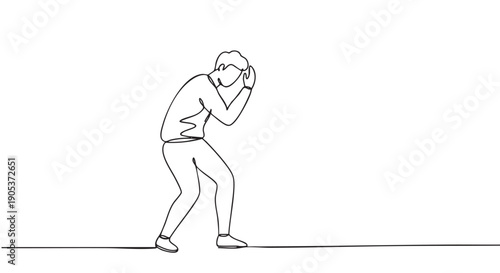 Continuous line drawing of a distressed person hunched over, covering their head with hands, vividly depicting feelings of fear, anxiety, and overwhelming stress