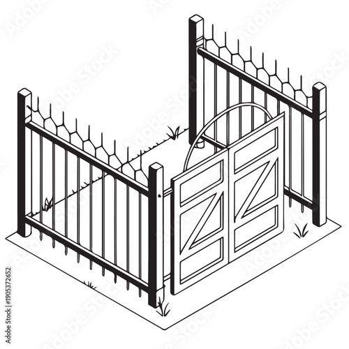 3d render of a decorative wrought iron fence and gate made of steel and metal for a house garden featuring an architectural design with flower decoration and illustration style