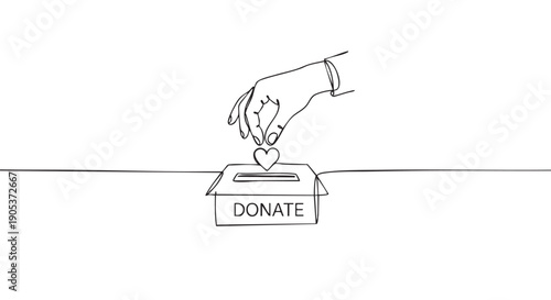 Minimalist continuous line drawing hand dropping a heart into a donation box with the word "DONATE" on it, symbolizing charity and generosity