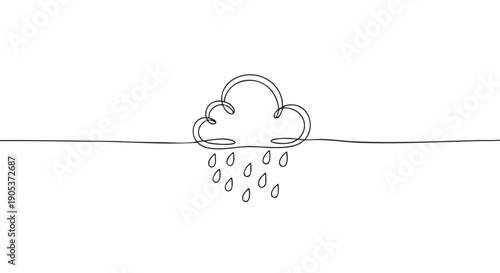 Minimalist continuous line drawing of a cloud with raindrops falling, depicted in a simple, elegant black outline style on a clean white surface