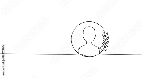 Continuous line drawing of a stylized human silhouette with a laurel wreath, symbolizing achievement, success, and recognition in a minimalist artistic style