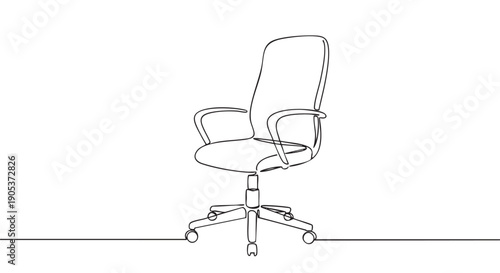 Minimalist continuous line drawing of an ergonomic office chair with a high back and wheeled base, presented in a clean and modern artistic style
