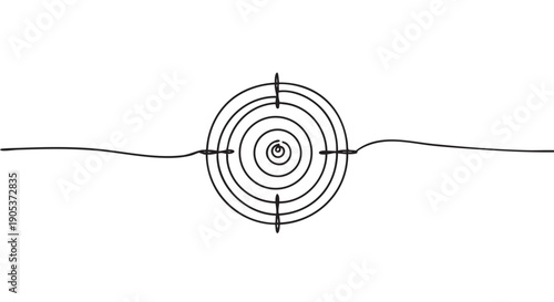 Continuous line drawing target symbol with concentric circles and crosshairs represents focus, goal setting, and precision in a minimalist, hand-drawn style