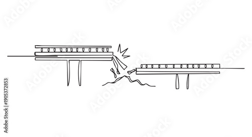 Simple black line art drawing of a broken bridge, depicting a significant structural failure with jagged edges and a chasm below, rendered in a minimalist, continuous stroke style
