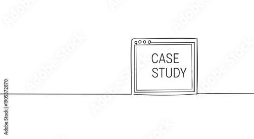 Continuous line drawing browser window displays 'CASE STUDY' text in a minimalist black and white illustration, representing business analysis and research