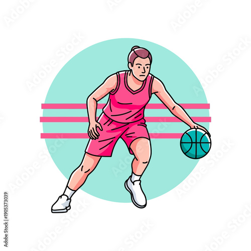 Athlete Dribbling Basketball in Athletic Uniform Line Art Style