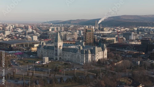 Wallpaper Mural Aerial drone view of Palace of Culture in Iași with surrounding buildings, streets and winter skyline under clear cold light Torontodigital.ca