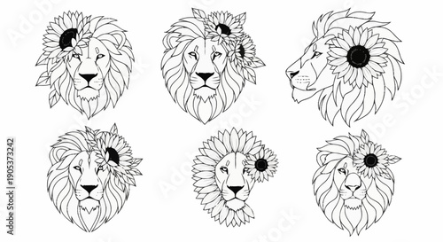 Set of coloring pages featuring detailed lion illustrations with expressive facial features and diverse mane styles suitable for educational or