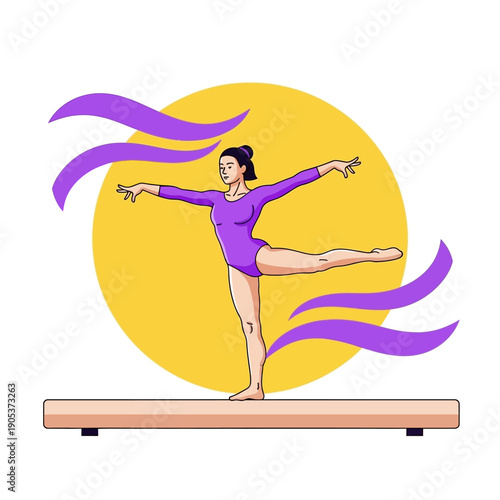 Female Gymnast Performing Balance Beam Exercise with Dynamic Purple Accents