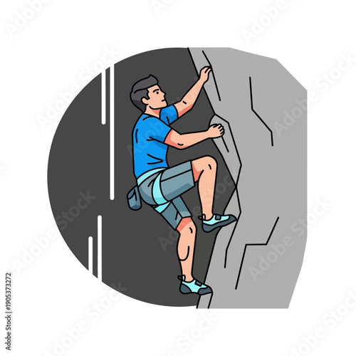 Man Rock Climbing Outdoors Using Harness and Climbing Shoes Outline Style
