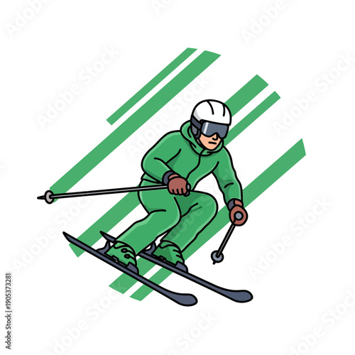 Downhill Snow Skier in Green Suit Carving on Slope Abstract Background