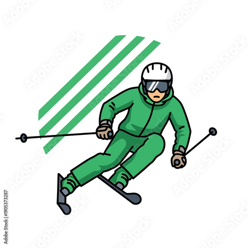 Alpine Skier in Green Suit Performing a Downhill Turn