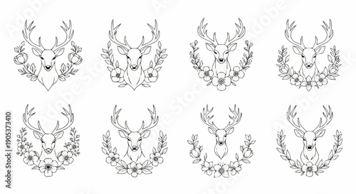 Collection of decorative reindeer head silhouettes for seasonal designs and winter themed projects