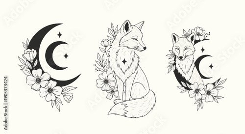 Set of three artistic illustrations featuring a crescent moon floral motif a whimsical unicorn and a playful tiger with celestial elements for