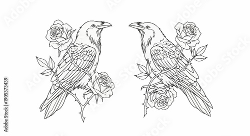 Elegant line drawing of two birds surrounded by roses for decorative art and design projects