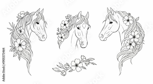 Set of elegant unicorn head illustrations featuring detailed floral and horn designs for fantasy themed projects and artistic expression