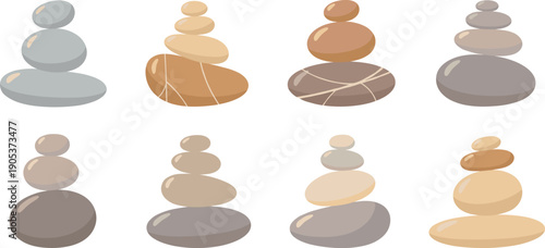 Zen stone balance icon set featuring stacked pebbles, spa harmony symbols, meditation elements, and wellness concepts in soft flat vector style