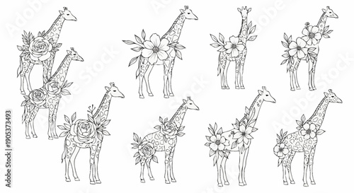 Collection of whimsical giraffe sketches illustrating variety in posture and pattern for creative and artistic design projects