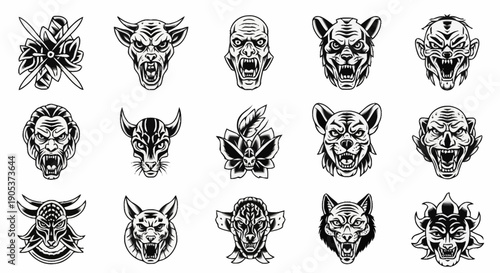 Collection of diverse animal and creature face illustrations for creative design projects and visual storytelling