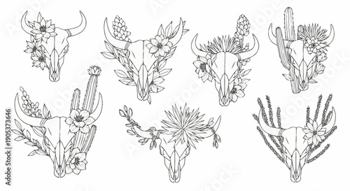 Collection of monochrome botanical and nature inspired line art illustrations suitable for creative projects and design work