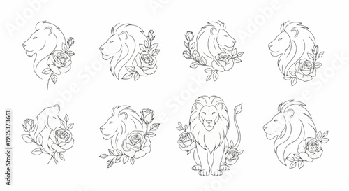 Collection of detailed line art sketches featuring various lions and lionesses with different poses and expressions for artistic projects