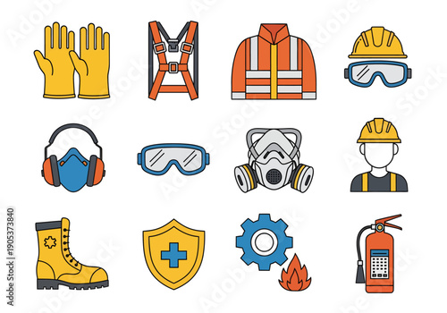 Industrial Personal Protective Equipment and Safety Gear Vector Icon Set for Construction