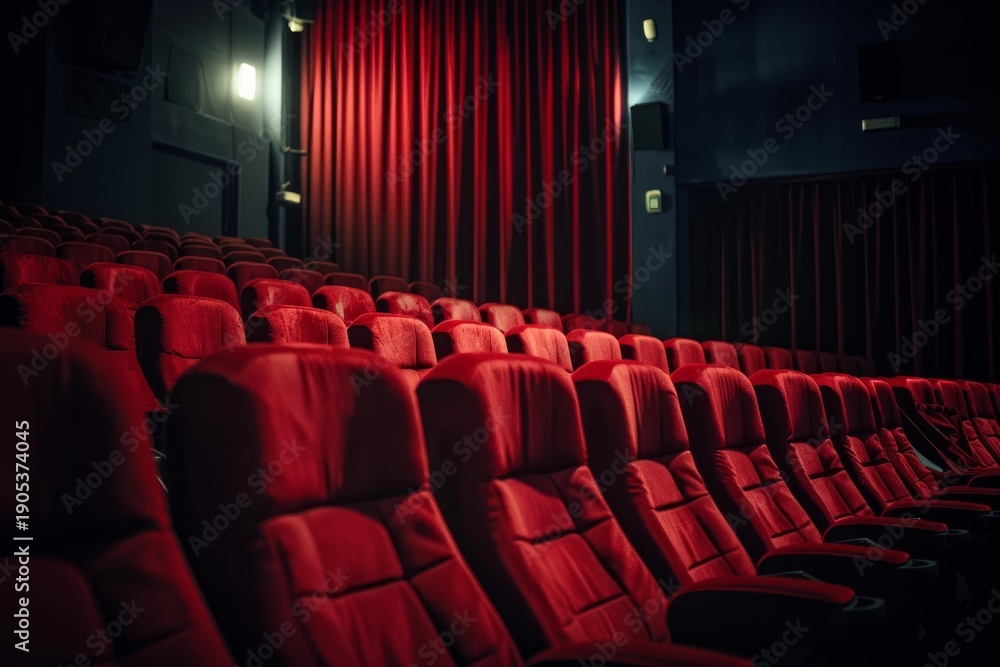 Fototapeta premium Comfortable red velvet seats in an empty cinema, ready for a movie screening