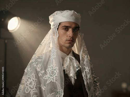 Intense volumetric lighting on man wearing bridal veil with calm face